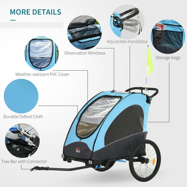 Aosom Remorque de vélo pour enfant 3 en1 Poussette de jogging pliable  Poussette de bébé 2 places avec système d'amortisseur Pneus en caoutchouc  Guidon réglable Bleu et noir 