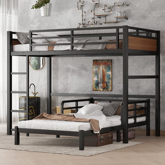 Twin XL over Twin XL Metal Bunk Bed/Metal Loft Bed,Separable Bunk Beds,with raised security fence,Walnut Color