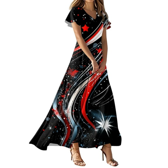 Women's 4th of July Patriotic Dress, Women Sexy V-Neck Short Sleeve Dress, Independence Day American Flag Printed Maxi Design, Lightweight Bohemian Sundress for Summer Activities,Black L
