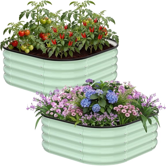 Garvee 2 Pack 3.5 x 3.5 x 1 ft Galvanized Raised Garden Bed 2-in-1 Oval & Rounded Square Metal Planter Box for Vegetables Flowers Herbs – Olive Green