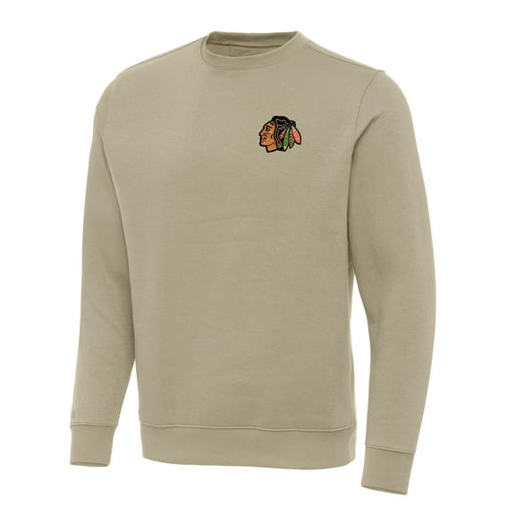 Men's Antigua Khaki Chicago Blackhawks Victory Crewneck Pullover Sweatshirt
