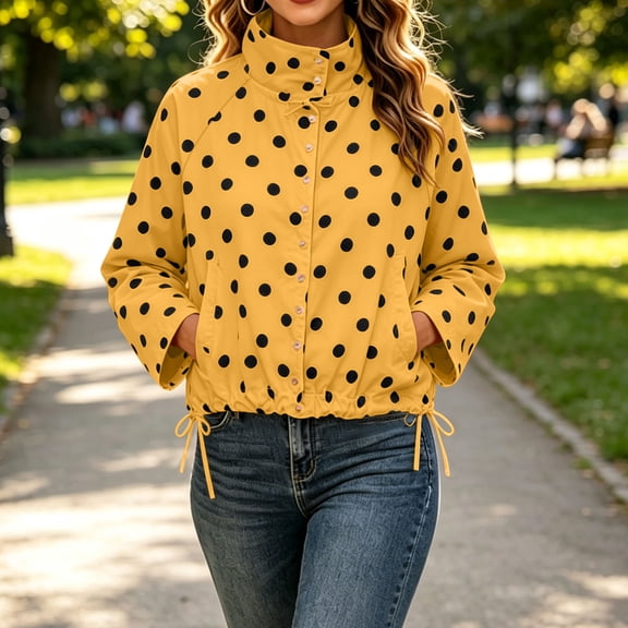 Karymi Rain Coats for Women Polka Dot Windbreaker Jacket, Stand Collar Button Front Drawstring Hem Cropped Coat with Side Pockets, Casual Long Sleeve Outdoor Anorak