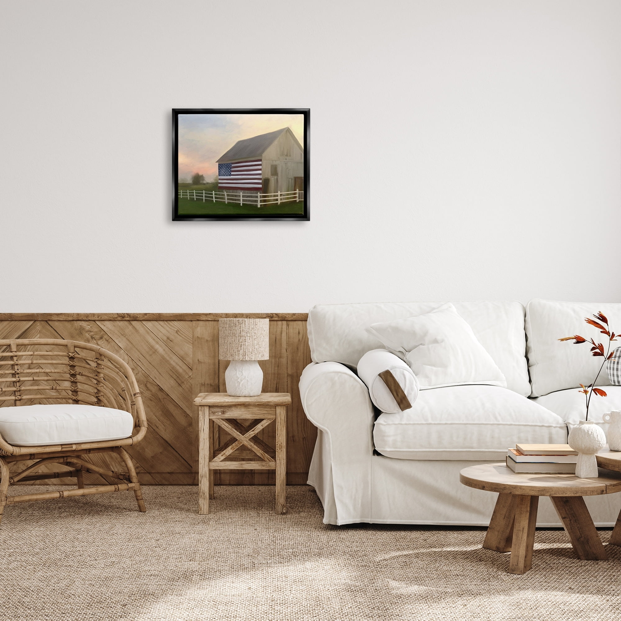 Stupell Industries American Flag Rural Barn Sunset Farm Landscape Painting Metallic Gold Floating Framed Canvas Print Wall Art, Design by Amy Hall