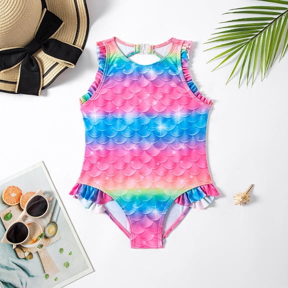 Zylarhe Girls Swimsuit, Girls Scale Print Swimsuit Colorful Two Piece Bathing Suit for Beach Pool Summer Water Play 10-12 Years Multicolour