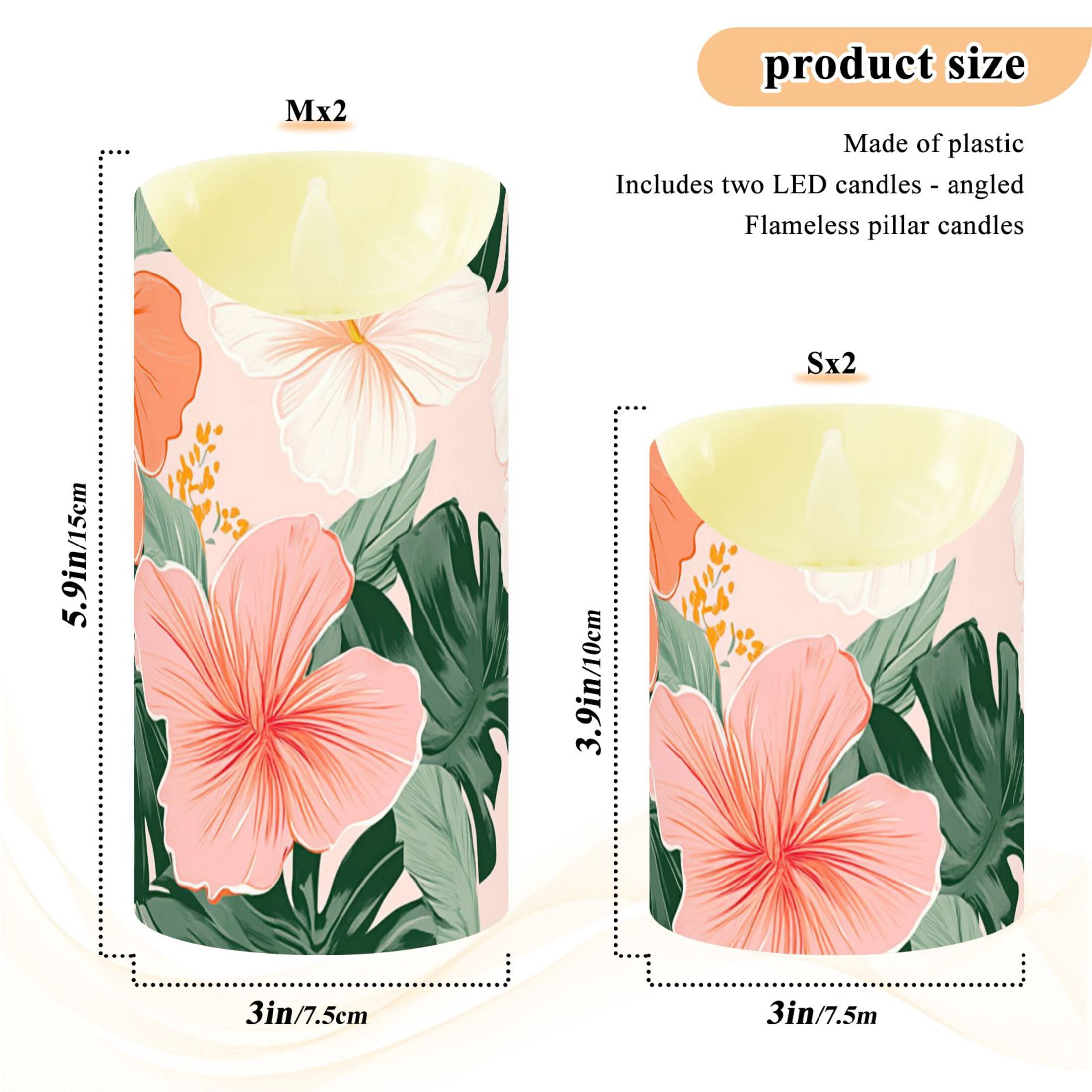 Colorful Hibiscus Florals Palm Leaves Hawaii Flickering Flameless Candles with Remote Timer Battery Operated LED Tealight Set of 2 M