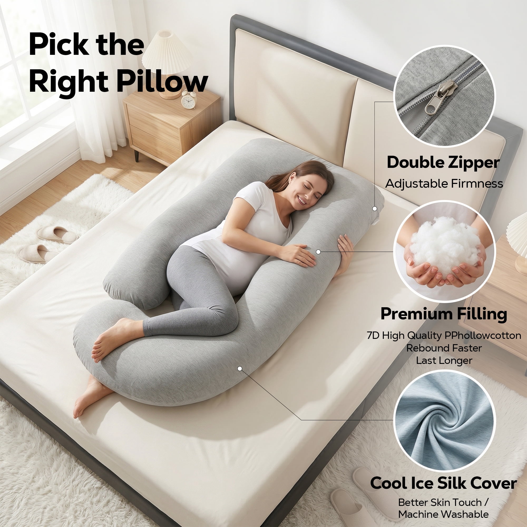 RUPOUN Pregnancy Pillow, J-Shaped Maternity Body Pillow for Sleeping, 70-Inch Full Body Support with Removable Cooling Ice Silk Cover, Gray