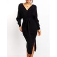 thumbnail image 4 of Women Long Maxi Sweater Dresses Sexy Wrap Batwing V Neck Slit Open Back Holiday Bodycon Dress, 4 of 5