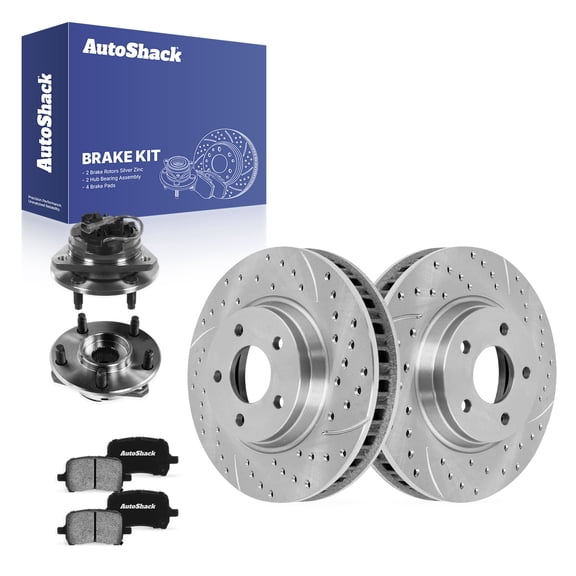 AutoShack Front Vented Drilled & Slotted Silver Zinc Coated Brake Rotors   Ceramic Pads   Hub Bearing Assembly 8-PC Brake Kit Replacement for 2006-2010 Pontiac G6 SilverShield Pro 11.65" (296 mm)
