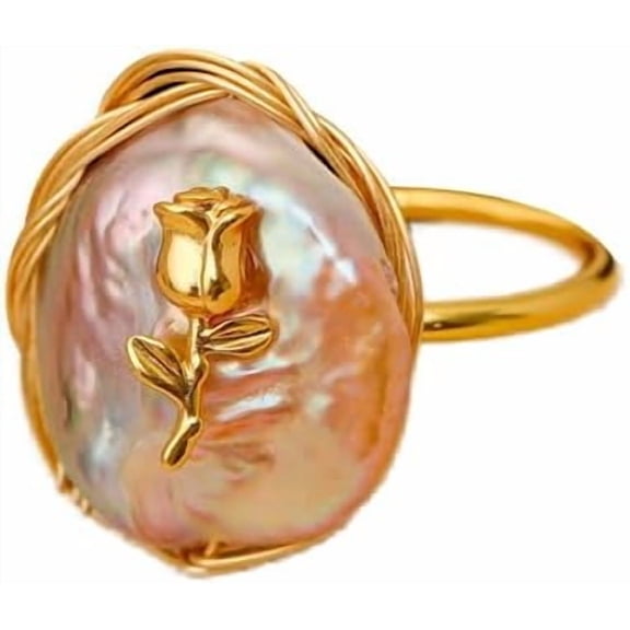 Baroque Pearl Ring Vintage Oval Pearl Rose Floral Statement Finger Bands Geometry Disc Circle Adjustable Open Band Rings Jewelry for Women