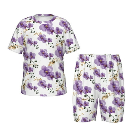 Luyuia Orchids Flowers Print Girls  2-Piece Tie-Dye Pajama Set  Cute Summer Loungewear with Shirt and Tank Shorts Nightwear-Small