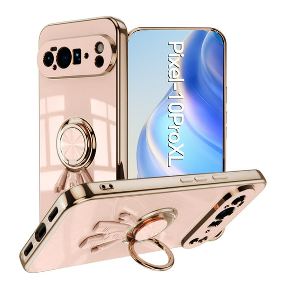 Allytech Slim Cover for Google Pixel 10 Pro XL, Chic Ring Holder Stand Spacemen Plating TPU PC Back Case Shell Shockproof Protective Bumperr Phone Case for Google Pixel 10 Pro XL -Lightpink