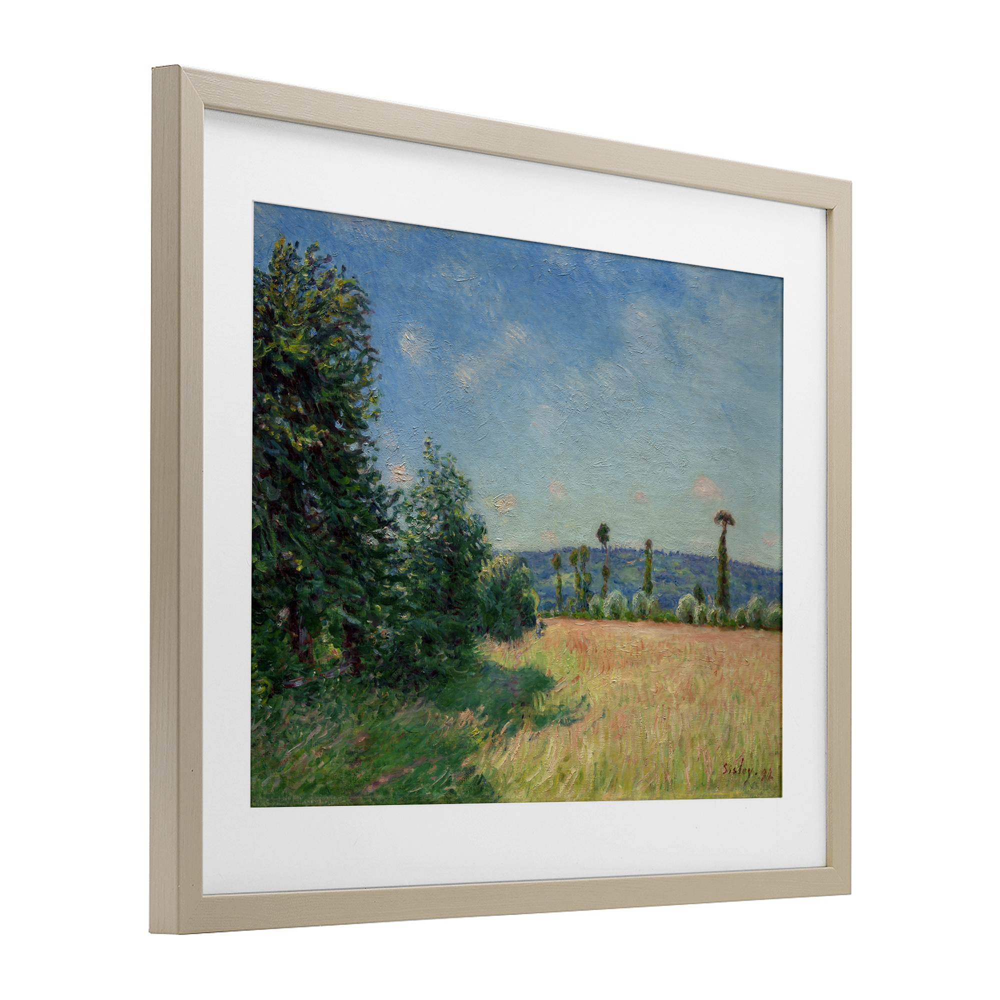 Sahurs Meadows in Morning Sun Birch Framed Print Under Glass, design by Alfred Sisley