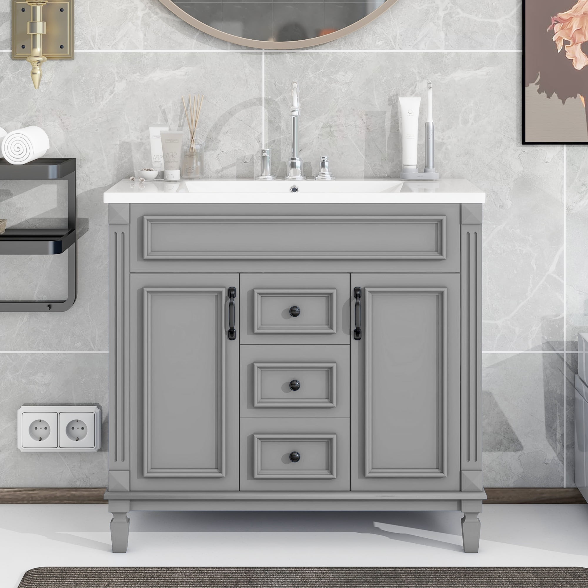 Euroco Modern Bathroom Vanity with Sink – 3-Hole Basin, Concealed Storage, Soft-Close Doors & Drawer – Freestanding Bathroom Cabinet with Water-Resistant Finish, Easy Assembly