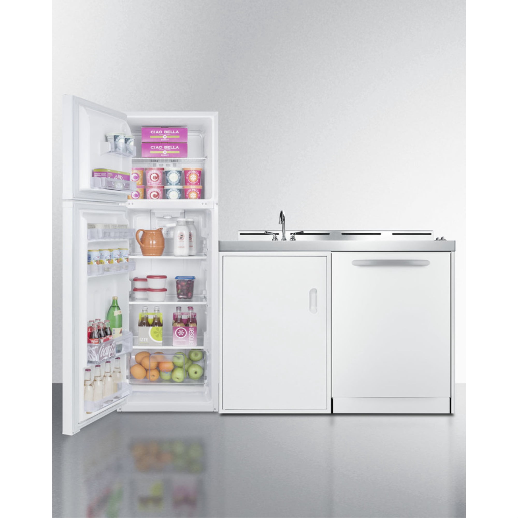 All-in-one combination kitchenette with full-sized refrigerator-freezer, dishwasher, sink, storage cabinet, and 2-burner coil cooktop