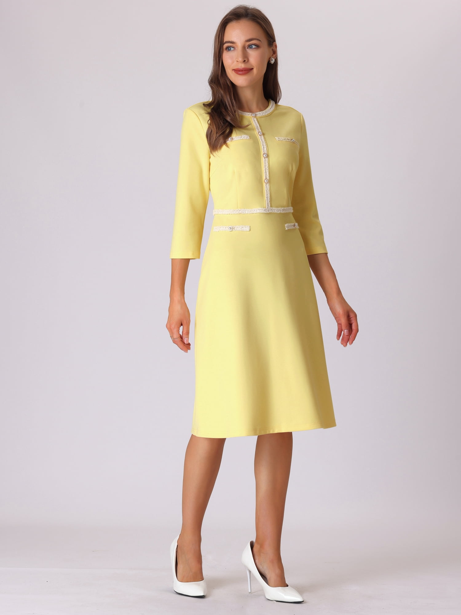 DARING DIVA Women's A-Line Contrast Color Tweed Trim Dress L Yellow