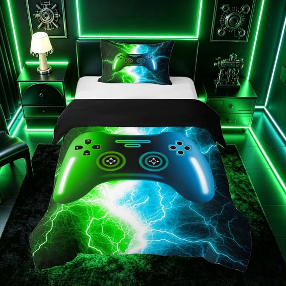 meiyoeat Neon Lightning Gamer Twin Bedding for Teens Boys, Electric Green Blue Gaming Duvet Cover Set, Black Reversible2 Pieces, 1 Duvet Cover and 1 Pillowcase