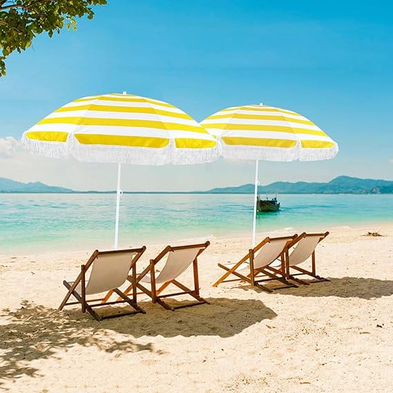 5.9ft Beach Umbrella For Travel Yellow Striped Patio Umbrella UV50+ Protection Portable Market Umbrella With Fringe Outdoor Sunshade Umbrella Waterproof Pool Umbrella With Tilt For Garden Beach