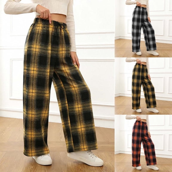 Girls Checkered Pants Casual Plaid Print Loose Sportswear Versatile Trousers Girls Pants Black 5-6 Years