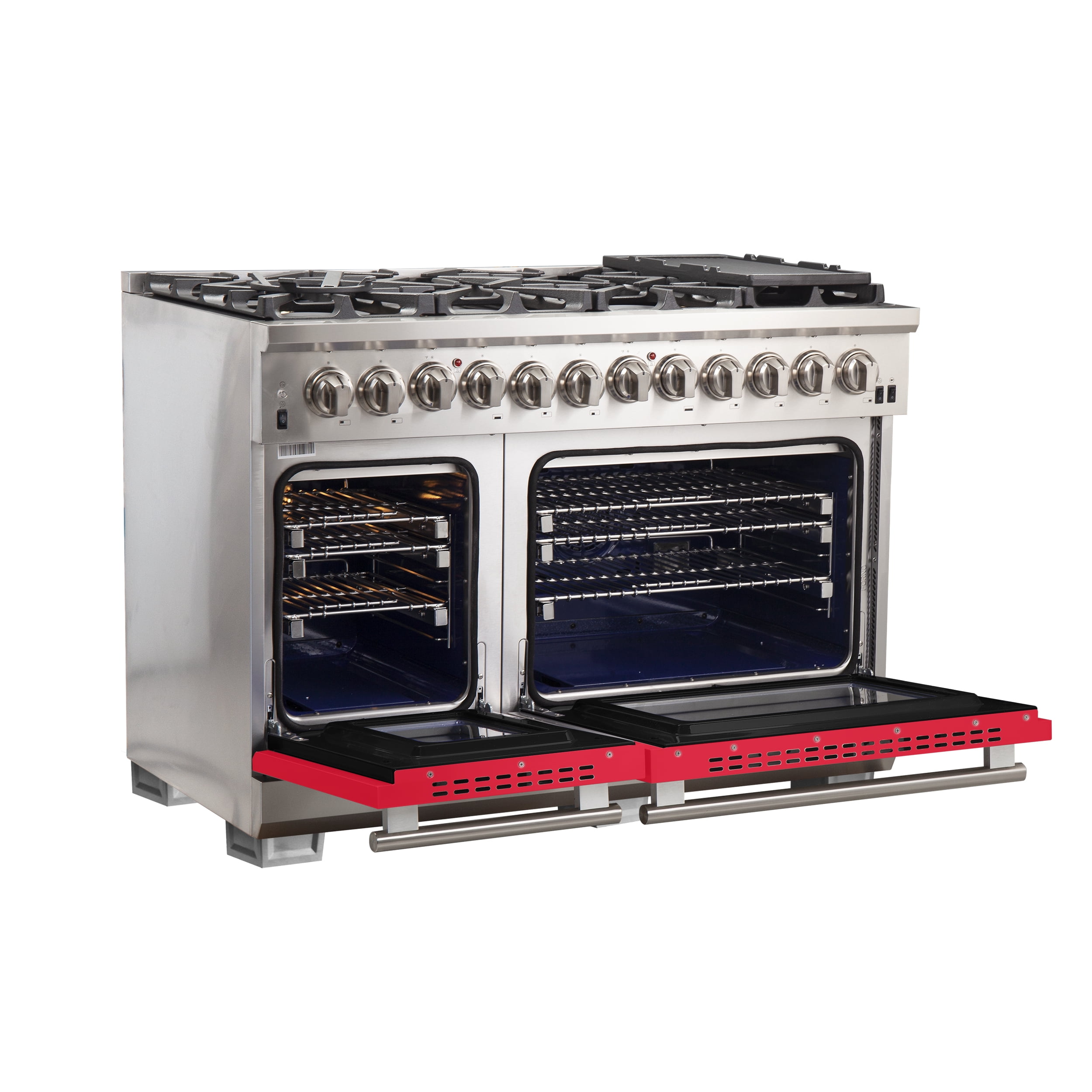 Forno Capriasca 48-Inch Freestanding Dual Fuel Range, 8 Burners, True Convection Oven, Red Doors