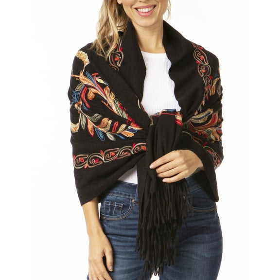 Sakkas Ginata Women's Large Casual Super Soft Embroidery Scarf Shawl Wrap Stole - Blue Brown - One Size Regular