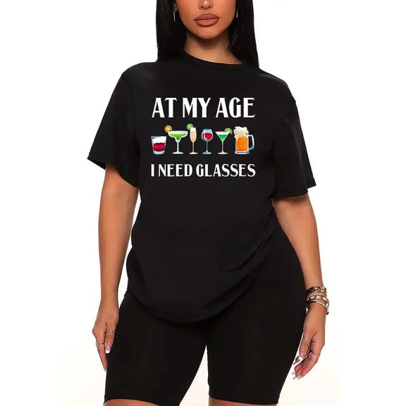 Two Piece Plus Sized Sets for Women Casual Outfits Funny at My Age I Need Glasses Summer Graphic Matching Shorts Lounge Sets-black-4XL