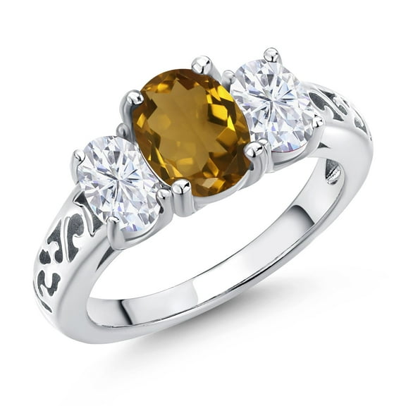 Gem Stone King 925 Sterling Silver Whiskey Quartz and White Moissanite Filigree Style 3 Stone Ring for Women (2.00 Cttw, Oval 8X6MM and 6X4MM) (Size 6)
