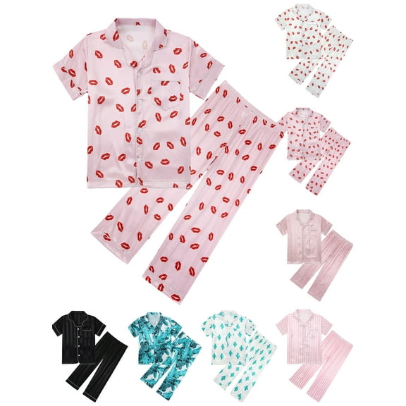 GYRATEDREAM Boys Girls Satin Pajamas Set Silk Pjs Short Sleeve Kids 2 Piece Sleepwear Button-Down Nightwear 5-14Y