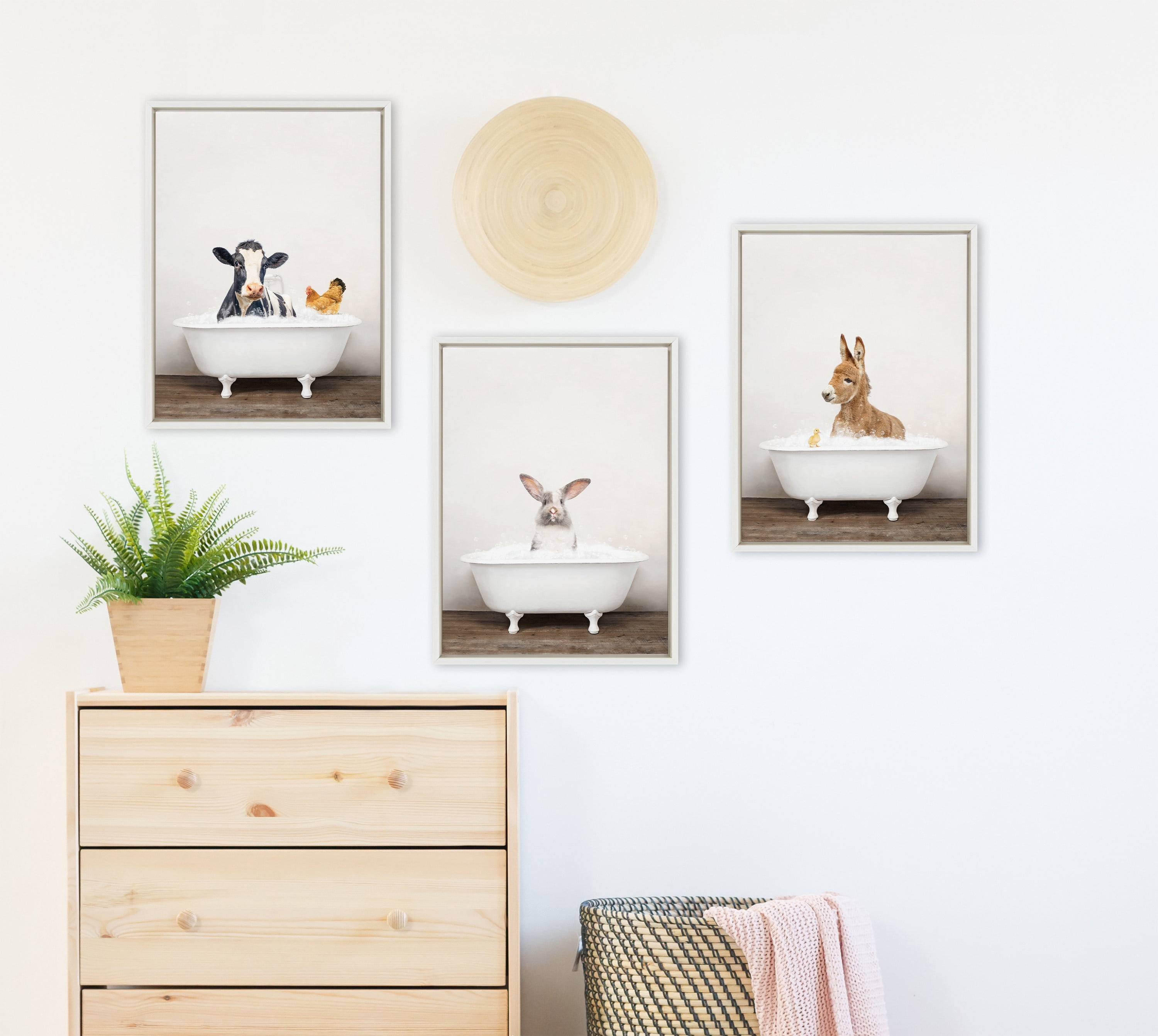 Kate and Laurel Sylvie Baby Donkey in Rustic Bath Framed Canvas Wall Art by Amy Peterson Art Studio, 18x24 White, Modern Fun Decorative Bathtub Wall Art for Home Décor