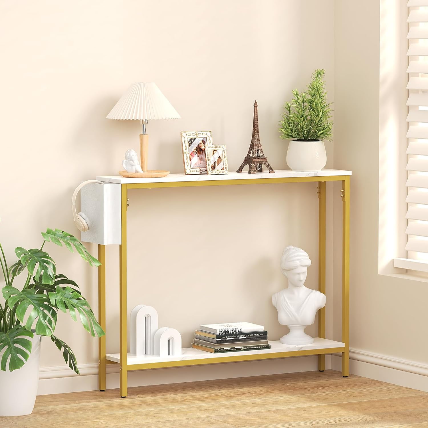 Frmobepts Console Table for Entryway, 2 Tier Entryway Table Bookshelf Accent Table With Storage Shelf Living Room Entry Hall Foyer Table Furniture, Marble White