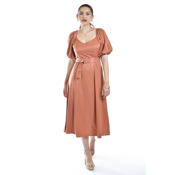 Vestido midi de manga abullonada Roman Fashion /Juvenil, 12515 (Chedron) cafe M
