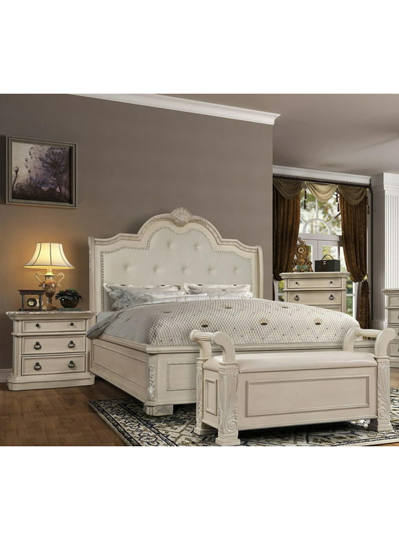 Antique White Wood Solids/Marble Cal King Bedroom Set 2P McFerran B6007 Classic
