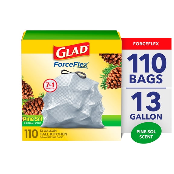 Glad ForceFlex 13-Gallon Drawstring Tall Kitchen Trash Bags, Pine-Sol Original Scent, 110 Bags