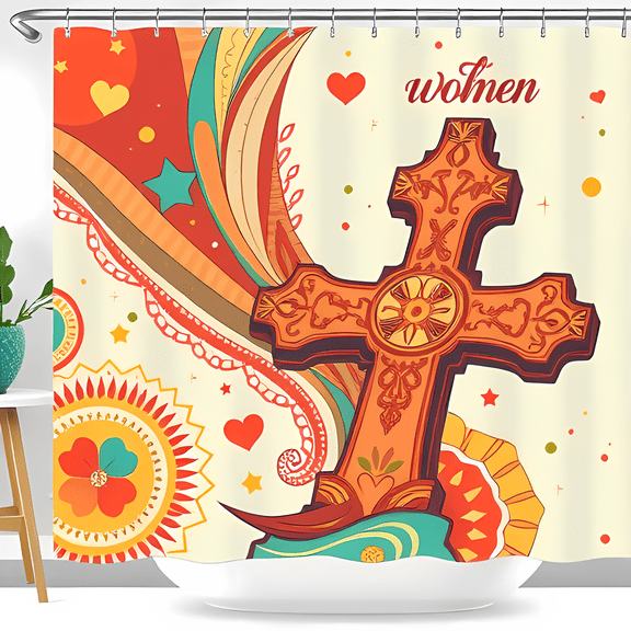 Vibrant Shower Curtain with Terracotta Cross & Colorful Patterns - Perfect for Home Decor