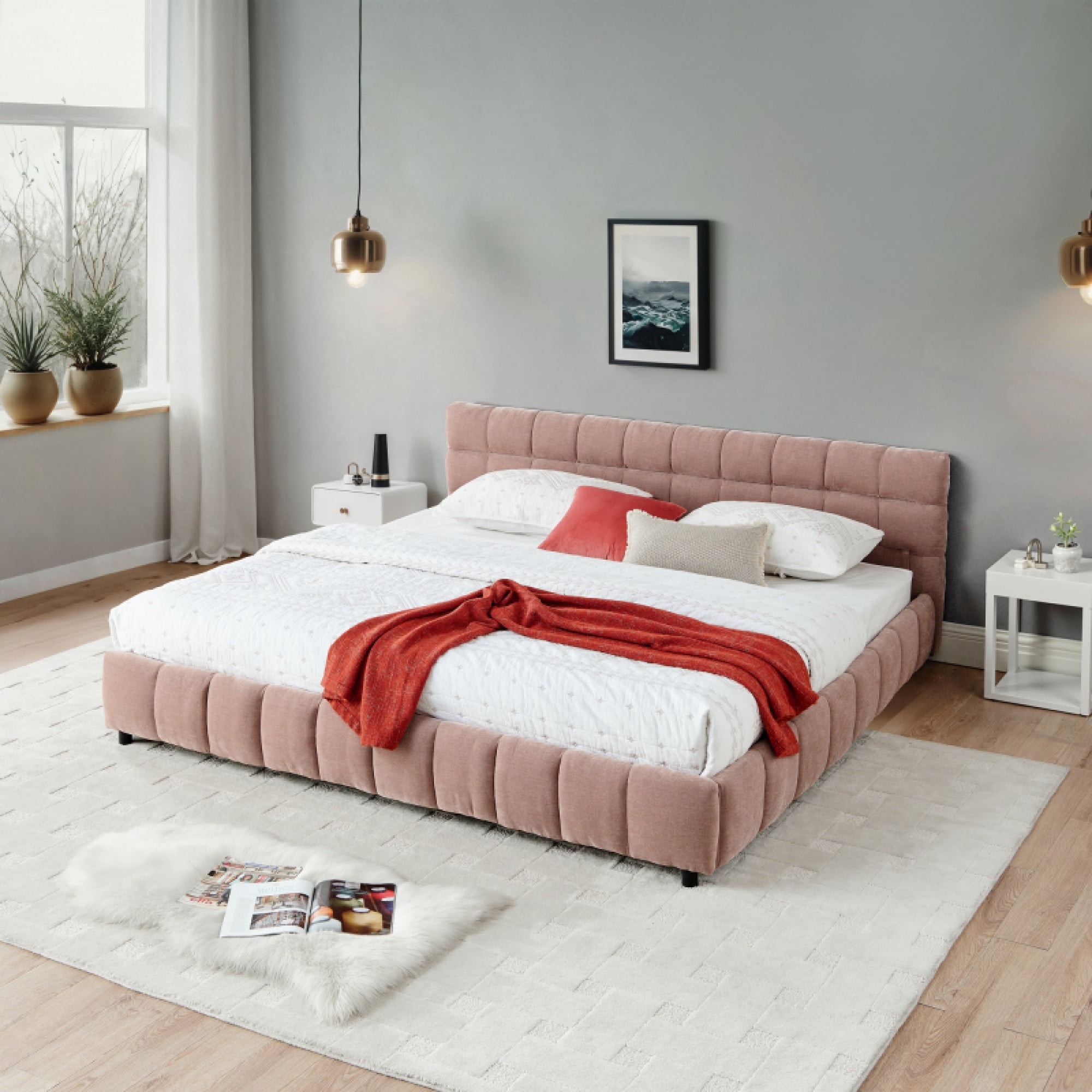 California King size Upholstered Bed ,comfortable upholstered bed frame, Chenille fabric, with headboard and solid bed frame. With drawer for storage.-Pink (90.5''*80.5''*31'')