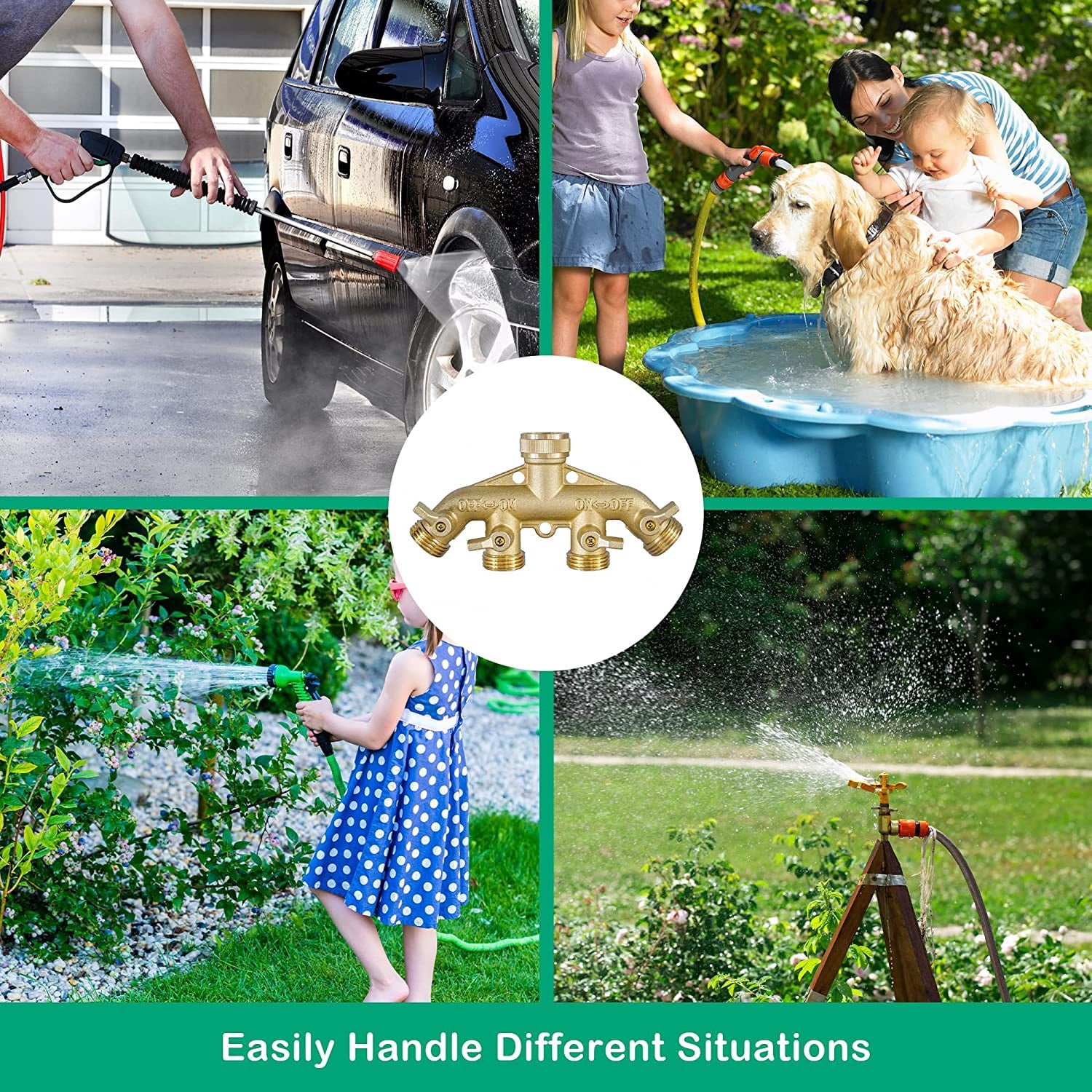 Brass Garden Hose 4 Way Splitter 5 Inch Jet Sweeper Nozzle Bundle