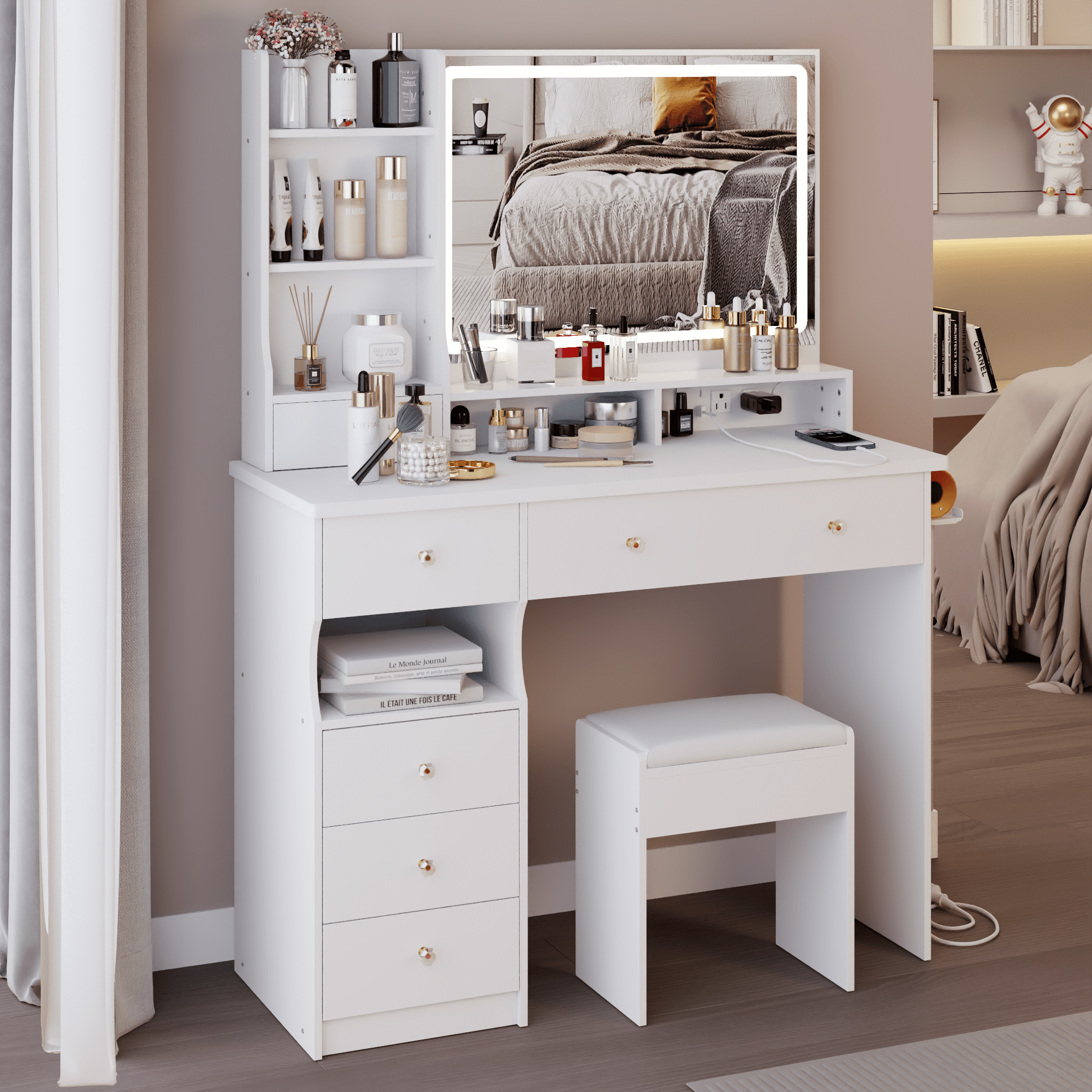 Euroco 41" Large Size Left Drawer Desktop Vanity Table+Cushioned Stool Dresser Set, 2 AC+2 USB Power Station, Hair Dryer Stand, Extra Large Touch Control LED Mirror