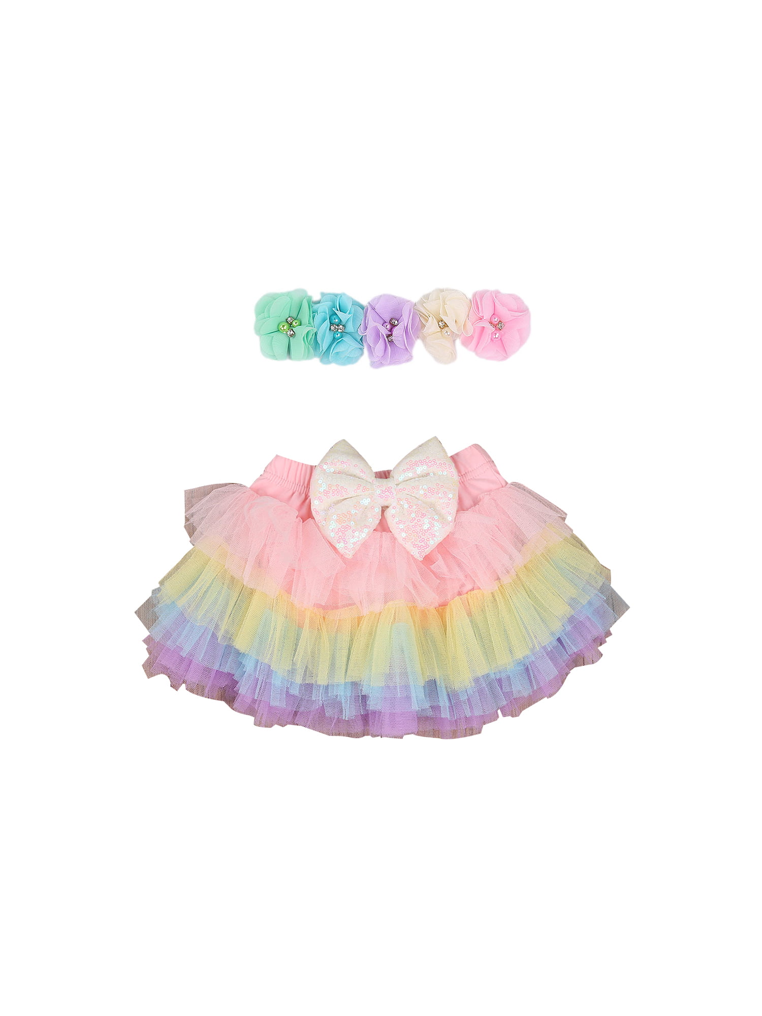 Newborn Infant Baby Girl Mesh Tutu Rainbow Skirt+Headband Photography Prop Photo 