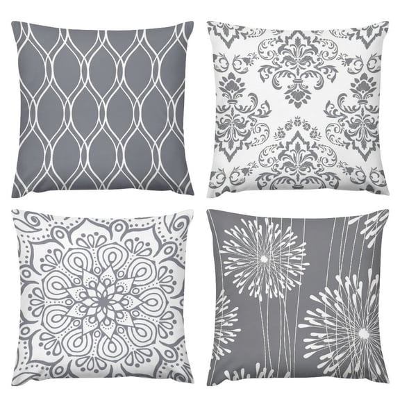 AIOE 4 Pack Grey Geometric & Floral Plush Pillow Covers, Modern Damask Mandala Throw Pillow Cases, Neutral Decorative Cushion Covers for Sofa, Bedroom, Living Room, 20x20 Inch (Cover Only)