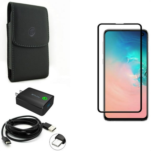 Galaxy S10e Screen Protector w Case Belt Clip w Home Charger - Tempered Glass 5D Curved Edge, Leather Holster Cover, 18W Fast 6ft USB Cable Type-C for Samsung Galaxy S10e Phone