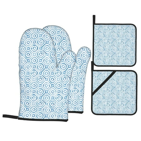 

Oven Mitts and Pot Holders Sets 4 pcs - moroccan pattern Heat Resistant Silicone Oven Gloves with Non-Slip Silicone Surface and hot pads for kitchen Baking Cooking BBQ