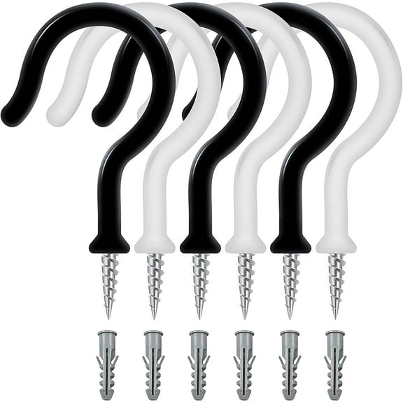 18 PCs Screw in Hooks for Hanging with Anchor Plugs - 2.8 Inches PVC Coated Black & White Cup Hooks Screw in, Strong and Heavy Duty Ceiling Hooks for Outdoor Lights, Plants, Wind Chimes & Indoor Use
