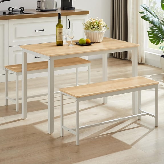 3 Piece Dining Table Set with for 4, Wood Small Kitchen Table with 2 Benches, Industrial Breakfast Nook Dinette Sets for Apartment Small Space Bar Restaurant, White&Oak