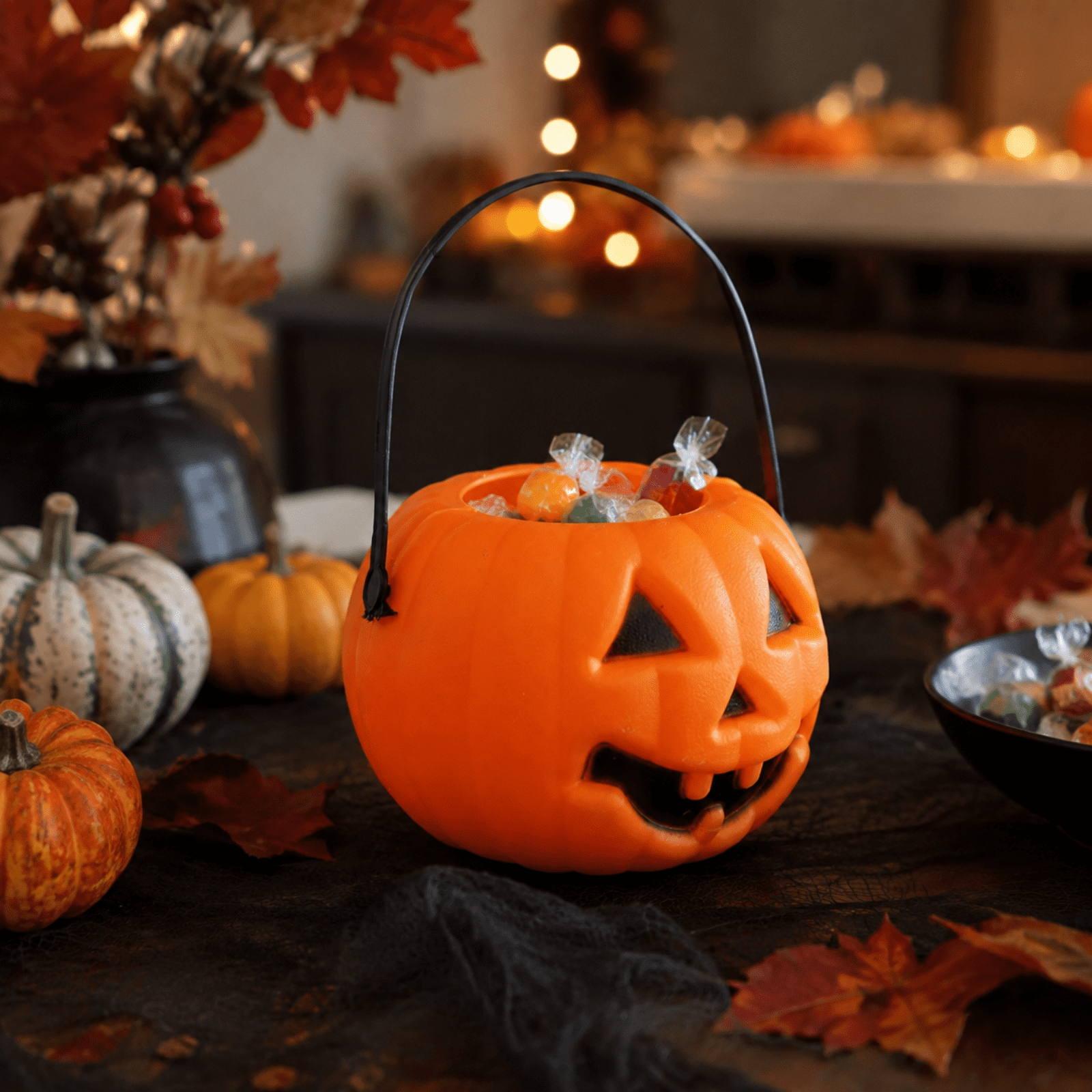 Kids Halloween Pumpkin Bucket - Durable Plastic Trick or Treat Candy Pail with Handle for Costume Accessories & Party Favors (4" Orange Basket)