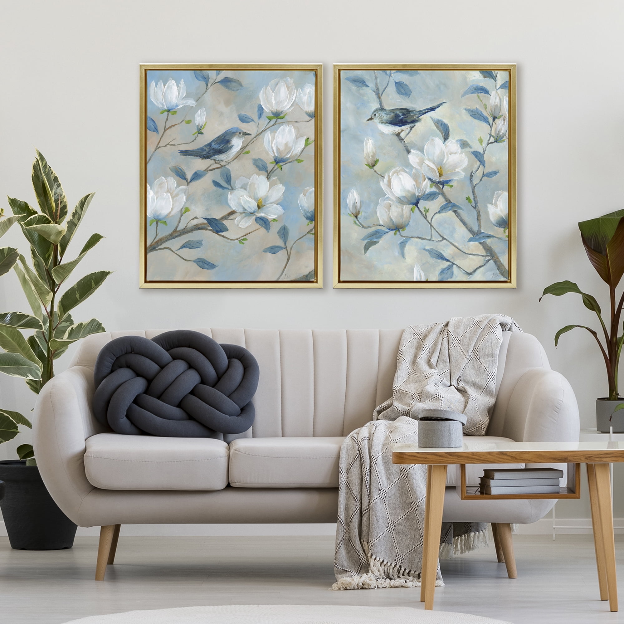 Stupell Industries Blue Birds in Magnolia Tree 2 Piece Gold Framed Floater Canvas Set, design by Nan