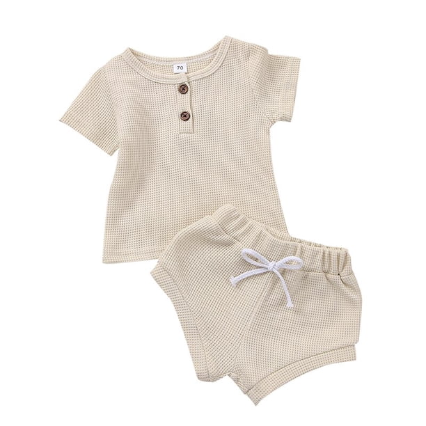 Algodón Casual verano recién nacido bebé niños niñas trajes traje acanalado de punto camisetas de manga corta Tops + Pantalones cortos 2 uds niños chándales Tan Jianjun unisex