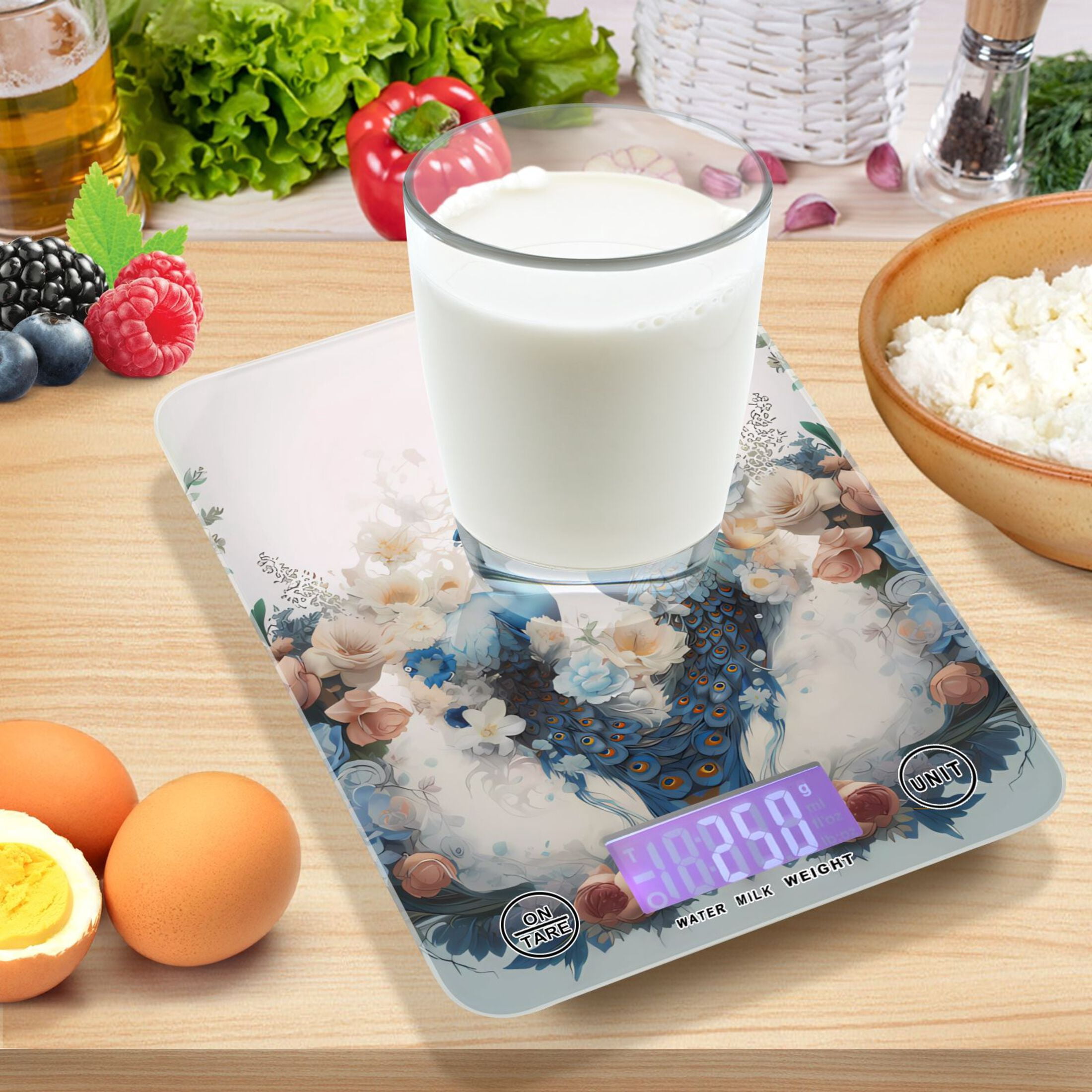 Peacocks Flowers Floral Leaves Green Food Scale Digital Kitchen Scale Waterproof Tempered Glass Tare Function 11 lb for Baking Cooking Meal Prep