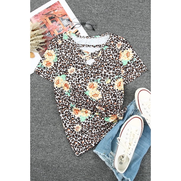 ABPHQTO Camiseta cruzada con estampado de girasol y leopardo para mujer