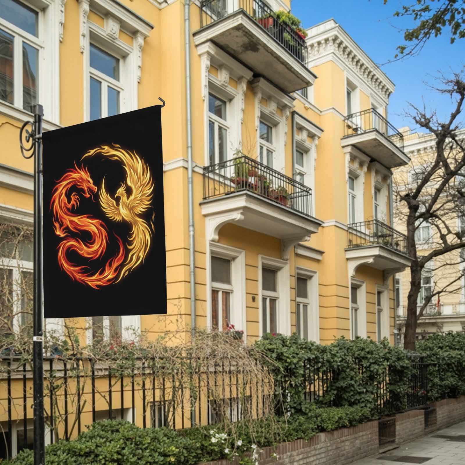 Dragon Phoenix House Flag 28 x 40 Inches, Modern Mythical Mysterious Gold Red Symbolic Black Weather Proof Outdoor Patio Flags Double Sided Small House Decoration for Yard Lawn Outside Home