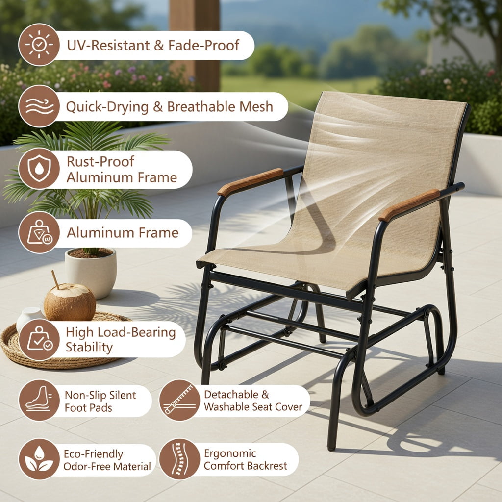 Hommoo 3-Piece Outdoor Glider Bistro Set, Metal Frame with Tempered Glass Table, Teak Wood Armrests, Breathable Fabric Seating for Patio, Porch, Balcony, Brown