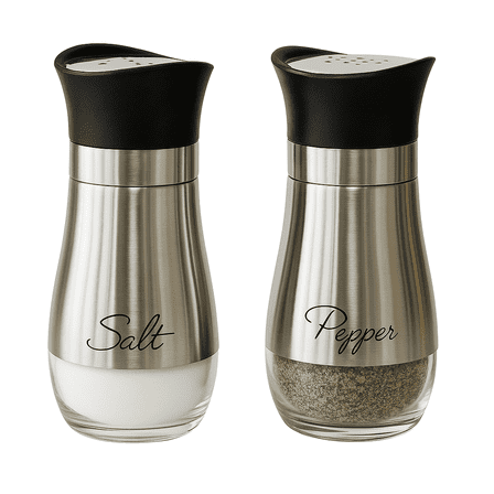 Salt & Pepper Shaker Set Stainless Steel Covering Glass with "Salt" and "Pepper" Printed on Front, 4.42 Oz Capacity Spice Dispensers Kitchen Dining Table by Dependable Industries (Silver)